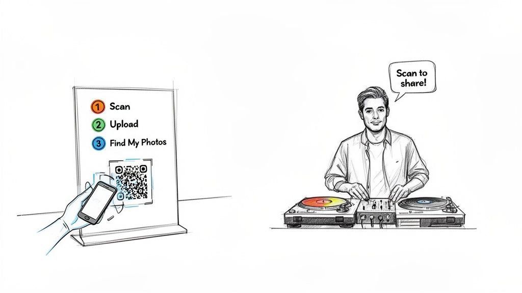 An illustration of a hand scanning a QR code for photo sharing at an event with a DJ.