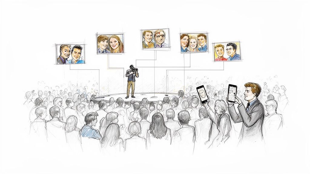 A camera films an audience, while screens above display recognized faces, connecting to people holding phones.