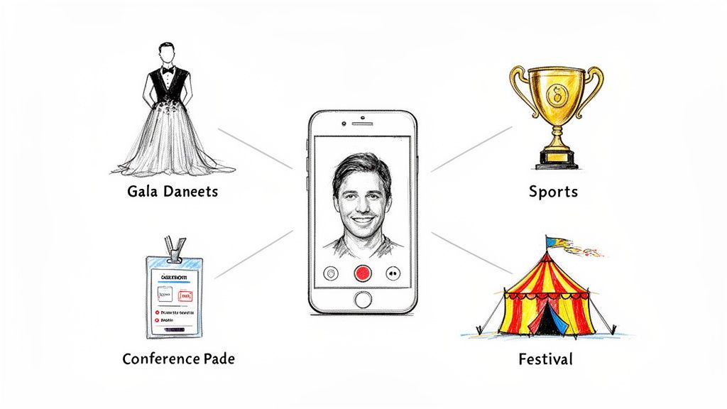 A smartphone displaying a man's face connects to various events like a gala, sports, conference, and festival.