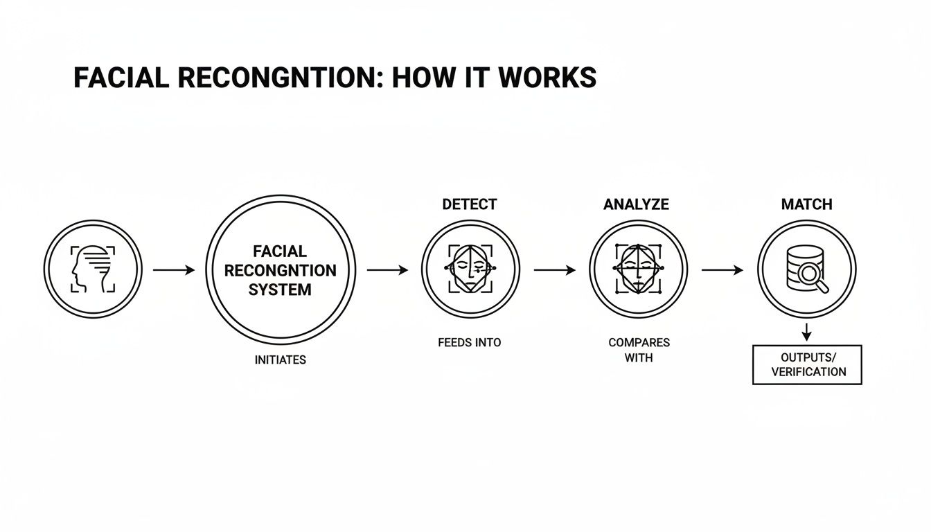 Diagram showing the workflow of a facial recognition system from initiation to verification.