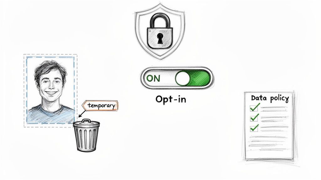 Illustration of data privacy with opt-in, temporary photo deletion, and data policy compliance.