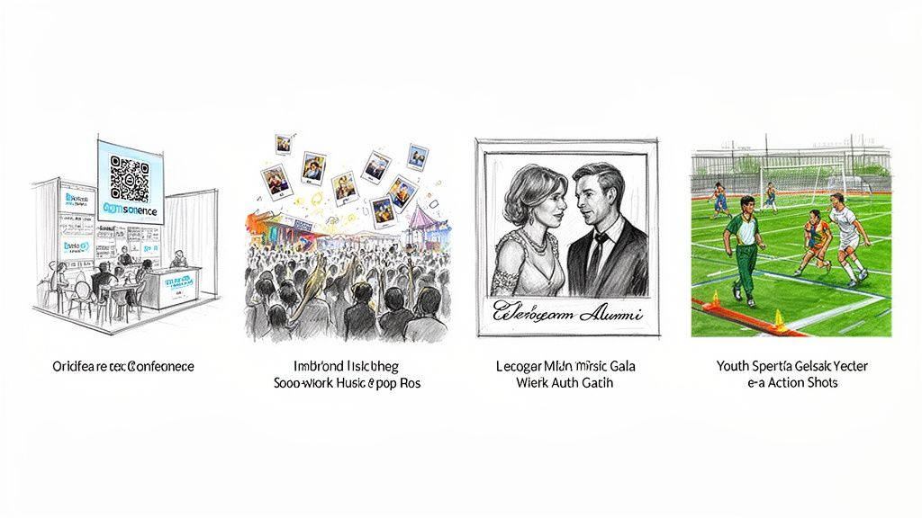Four sketches depict a conference booth, music festival, formal alumni gala, and youth soccer game.