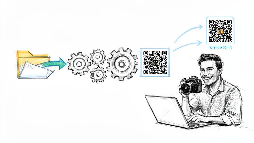 An illustration of data processing leading to QR code generation, with a photographer working on a laptop.