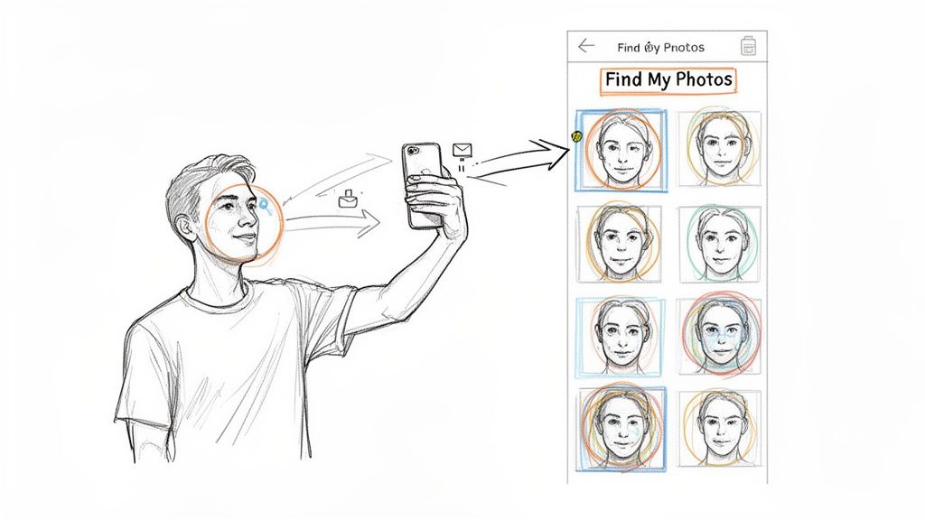 Illustration of a person using facial recognition on a smartphone to find matching photos.