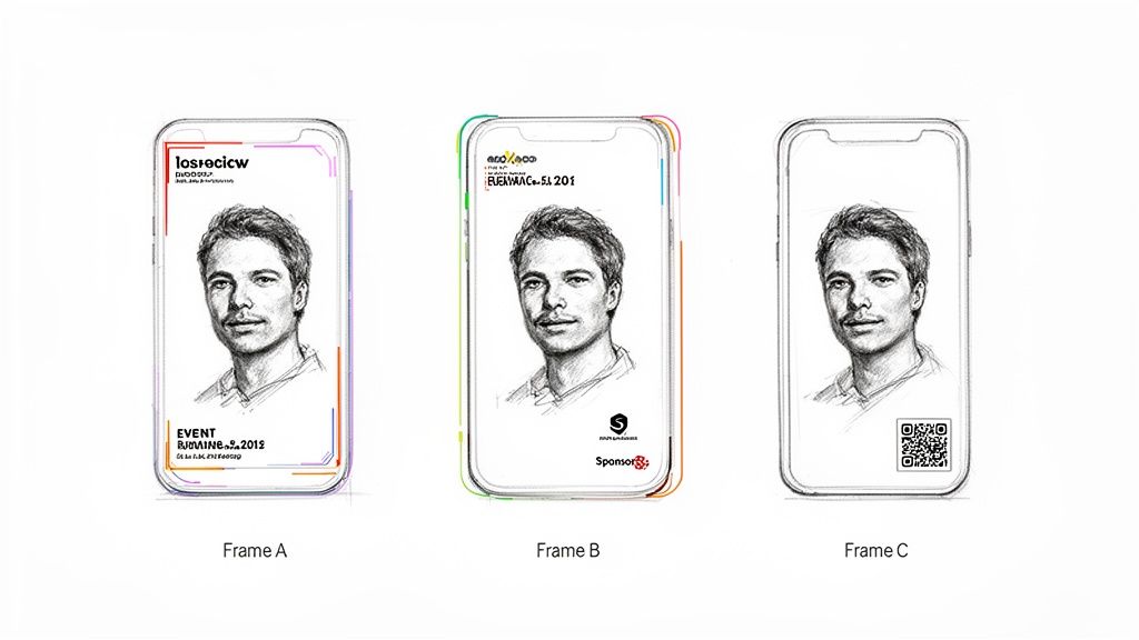 Sketches of three smartphone screens displaying digital event passes, each featuring a man's portrait.