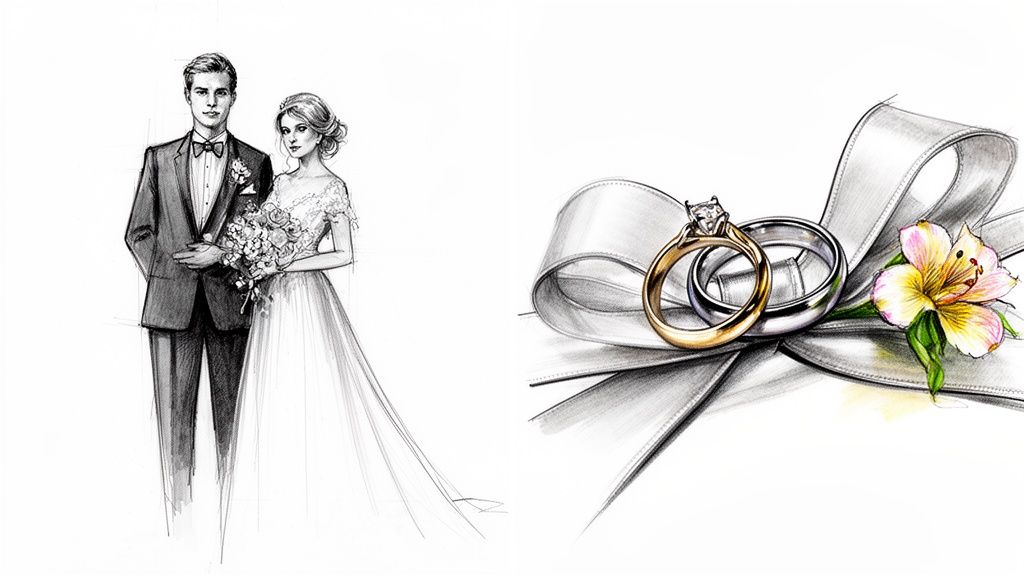 A beautiful sketch depicting a bride and groom, with wedding rings on a ribbon and a lily flower.