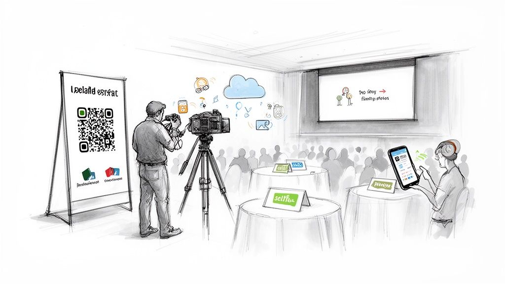 Illustration of an event setup with a videographer, QR code, audience, and digital sharing.