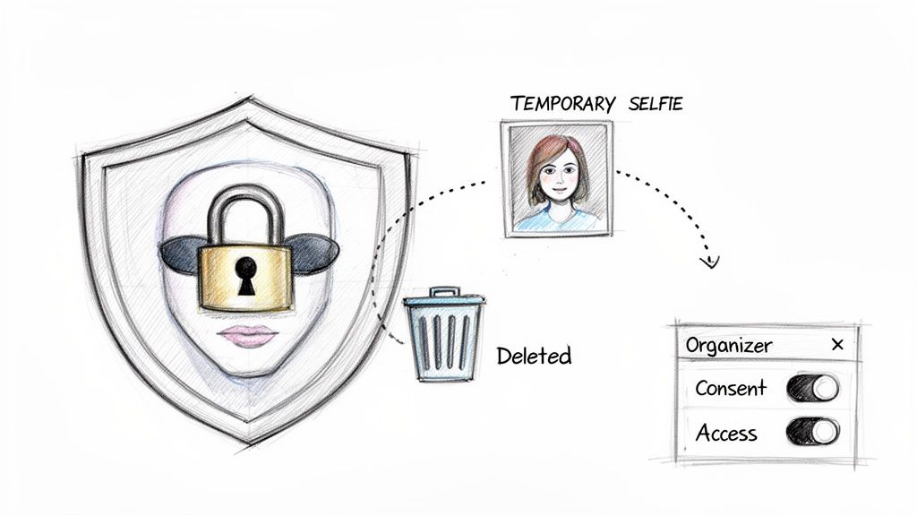 Illustration showing face recognition privacy: a locked face, temporary selfie, deletion, and consent controls.