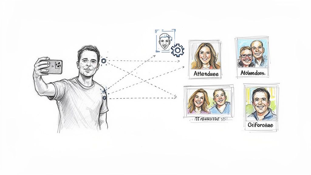 A person takes a selfie, with facial recognition technology identifying faces for photo organization or sharing.