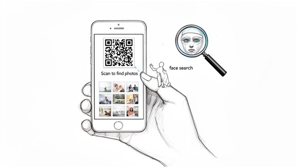 Smartphone displays QR code for photo search, supported by a tiny person and face recognition concept.