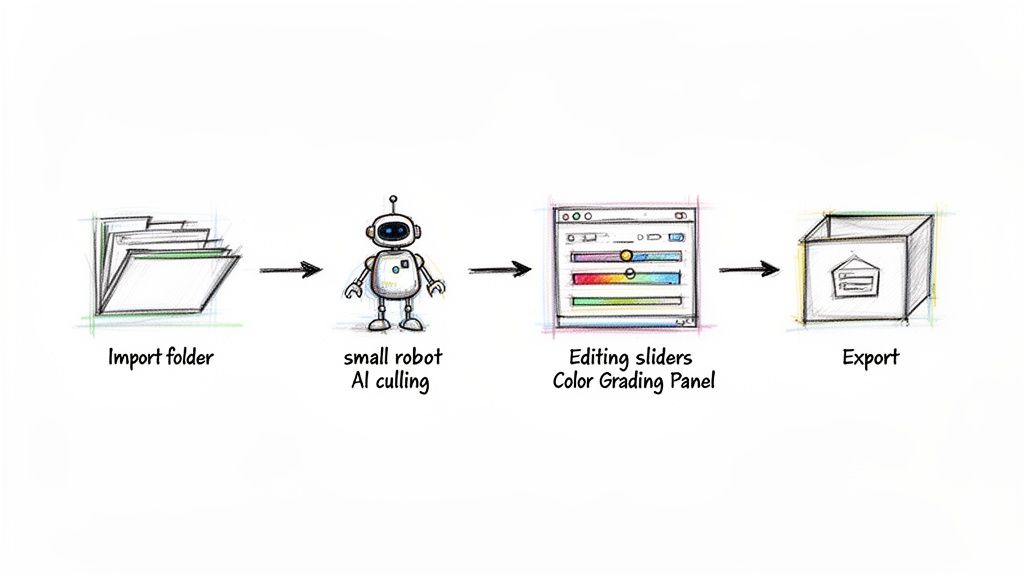 A workflow diagram illustrating photo editing steps: import, AI culling by a robot, color grading, and export.