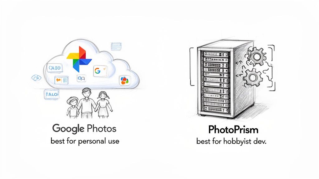 Comparison of Google Photos cloud storage for personal use versus PhotoPrism server for hobbyist development.