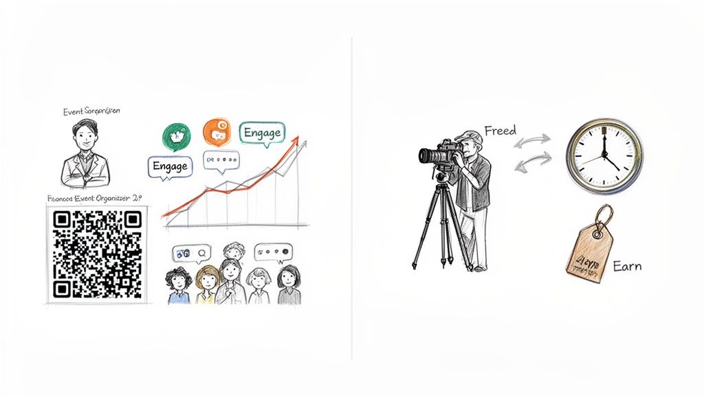 A sketch showing event organization with a QR code, engagement metrics, and a photographer gaining time to earn.
