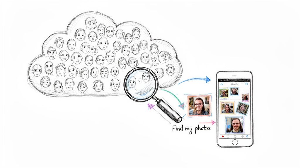 A sketch showing face recognition technology finding photos of a person in a cloud database and displaying them on a smartphone.