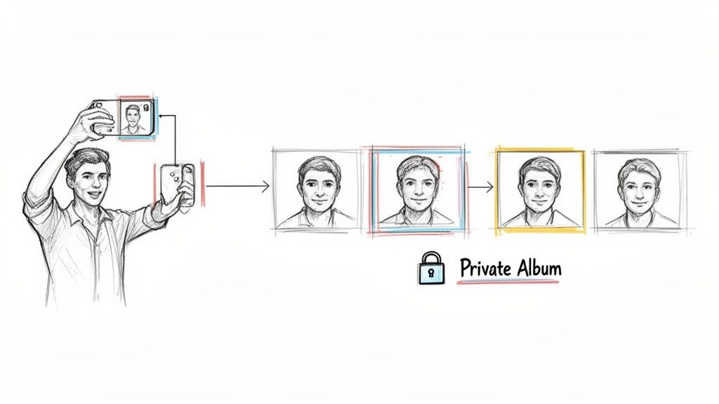 Illustration of a man taking a selfie, with facial recognition processing photos into a private album.