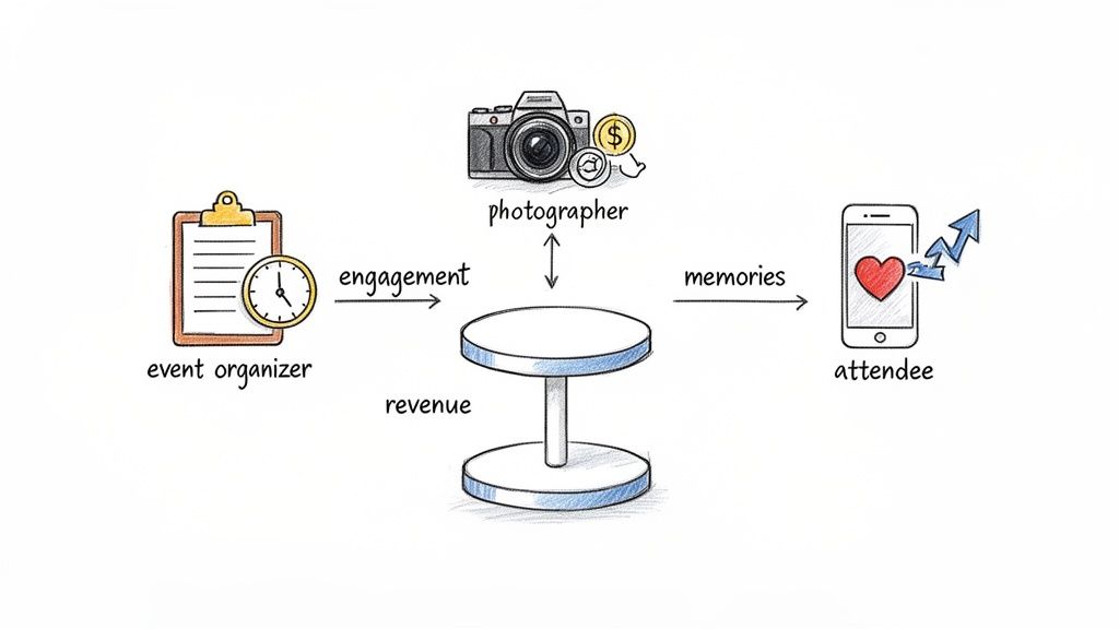 Diagram illustrating an event photo sharing platform connecting organizers, photographers, and attendees for engagement and memories.