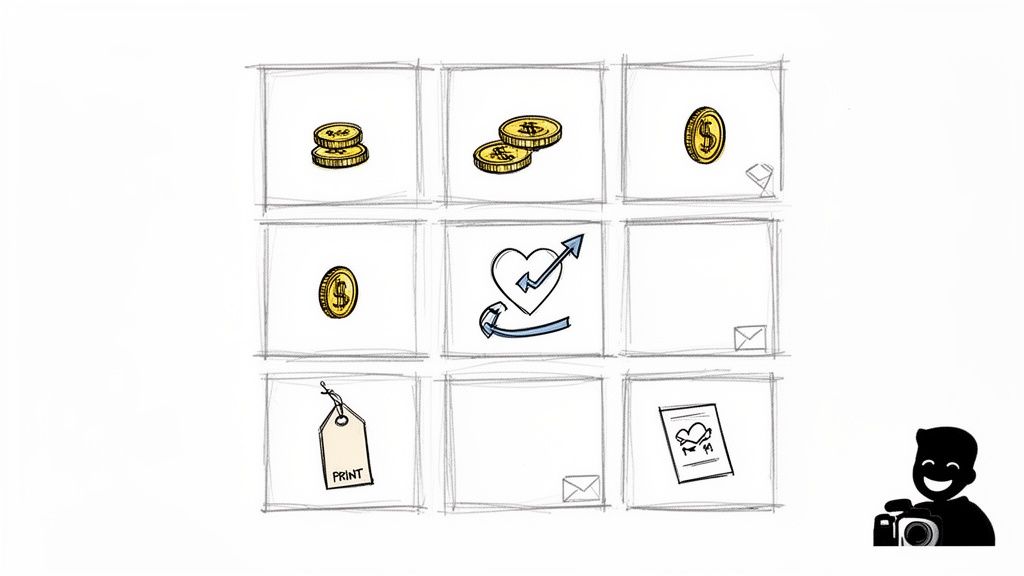 Illustrative grid with icons for money, growth, print services, and digital delivery, with a photographer.