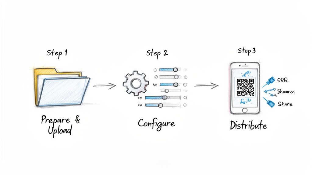 A three-step diagram illustrating a digital content process: prepare, configure settings, and distribute.