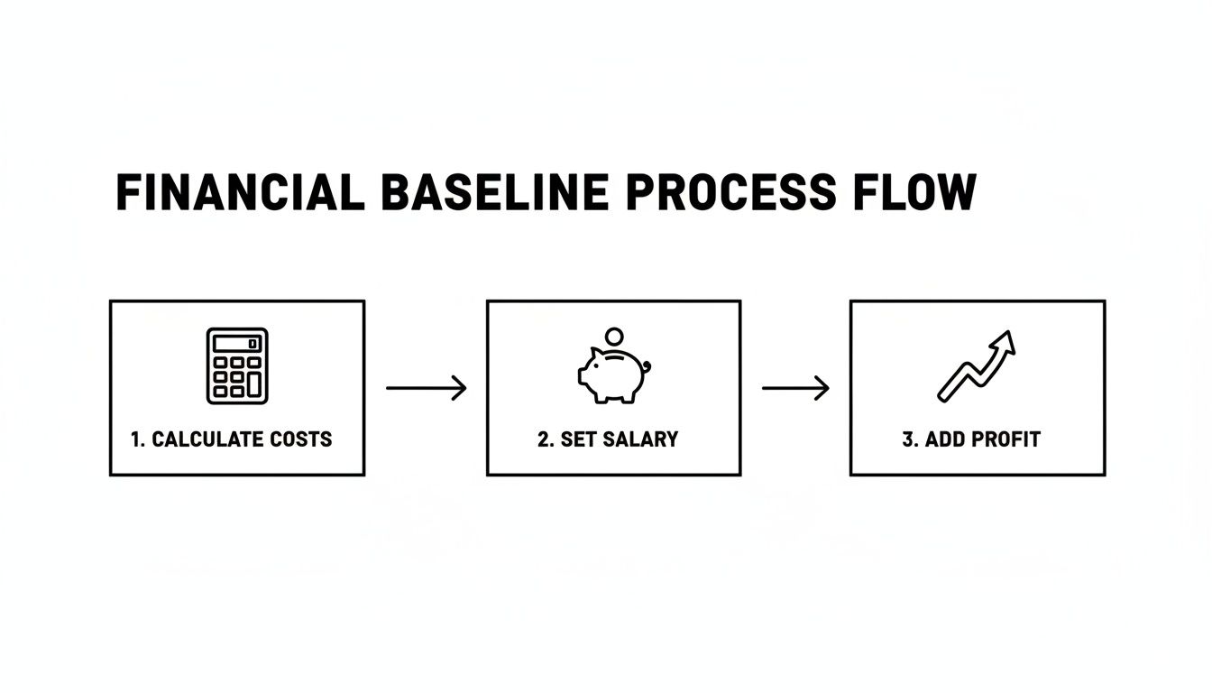 A financial baseline process flow diagram showing steps to calculate costs, set salary, and add profit.