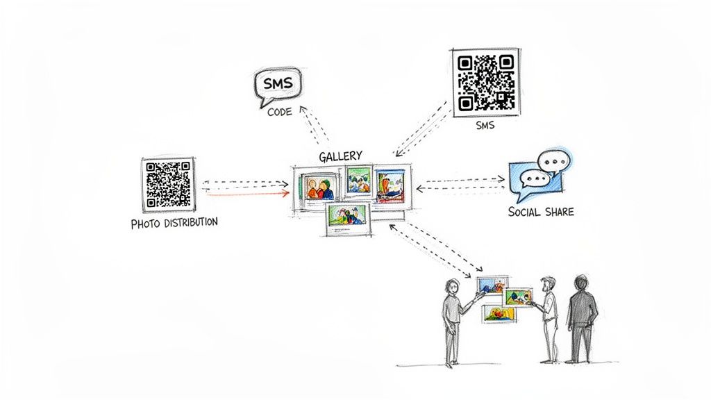 A sketch illustrating photo gallery distribution methods via QR code, SMS, and social sharing.