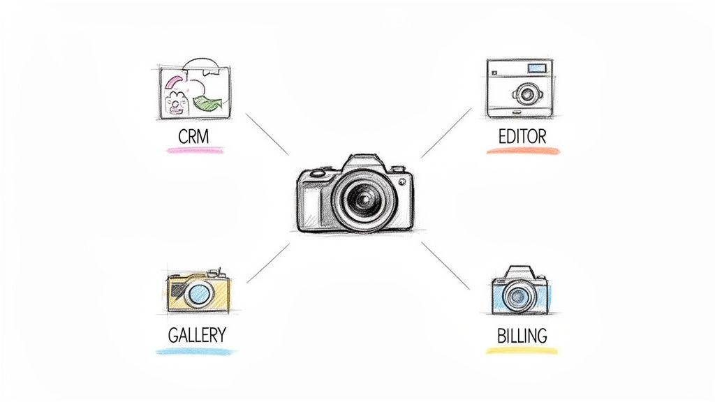Diagram showing a central camera connected to CRM, Editor, Gallery, and Billing software, illustrating a photography business workflow.