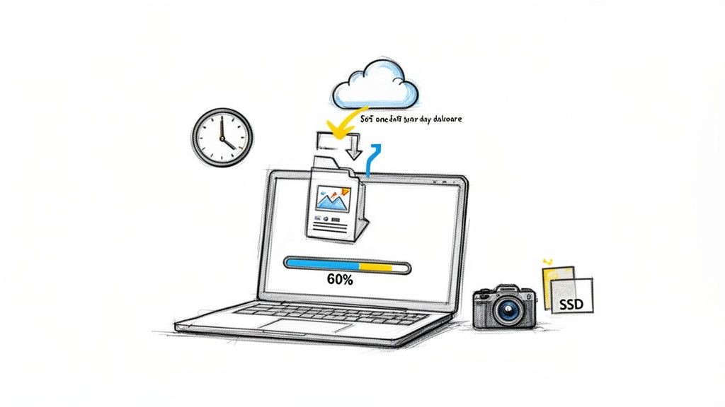 Digital illustration showing cloud data syncing to a laptop, alongside a camera and SSD.