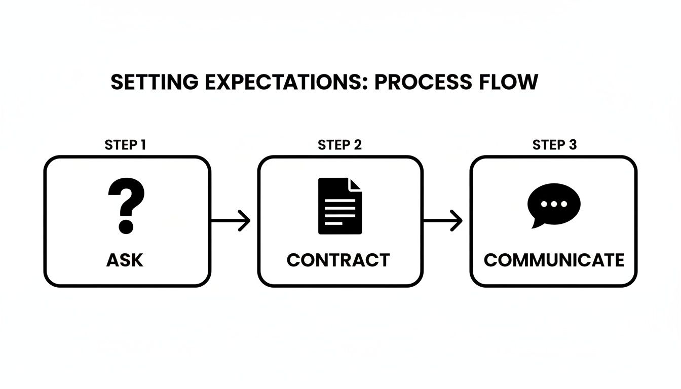 Flowchart outlining the three-step process: Ask, Contract, and Communicate, for setting expectations.