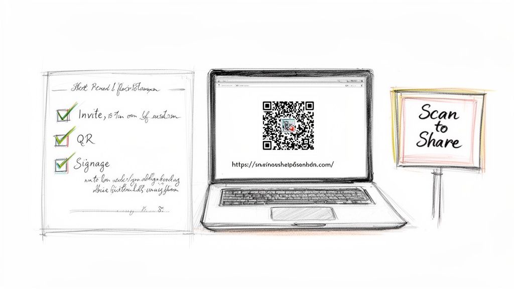 Hand-drawn checklist, laptop with a QR code and URL, and a 'Scan to Share' sign.