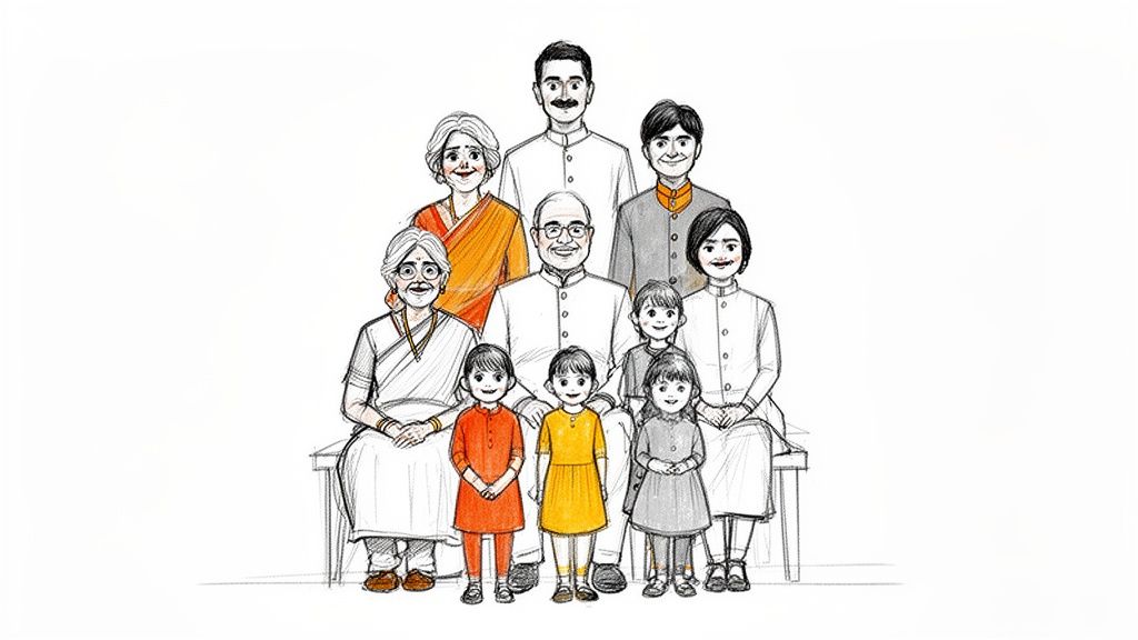 A colorful sketch of an extended Indian family, spanning three generations, smiling for a group portrait.