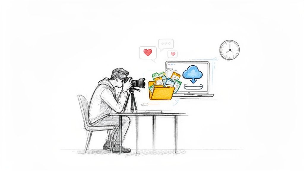 A sketch showing a photographer capturing images and uploading them to a cloud service on a laptop.