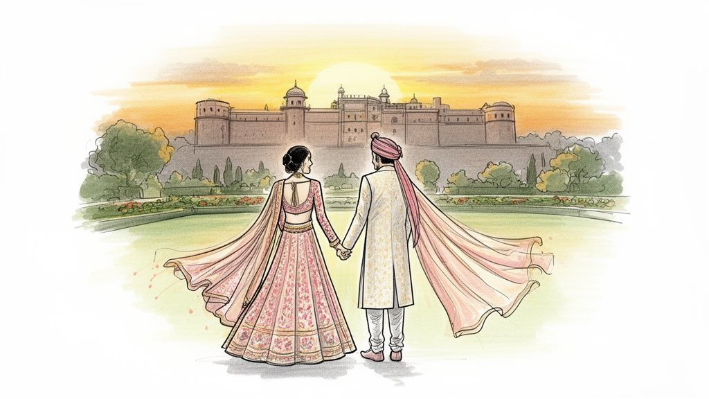 Watercolor illustration of an Indian wedding couple holding hands, gazing at a majestic palace during sunset.
