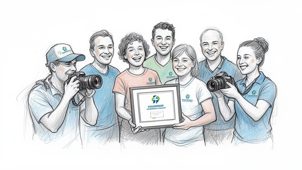 A diverse group of smiling volunteers proudly holds a certificate and cameras.