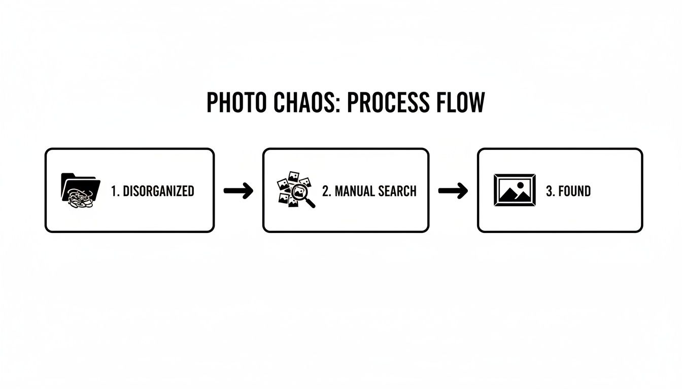 A diagram illustrating the 'Photo Chaos: Process Flow' with steps: Disorganized, Manual Search, and Found.