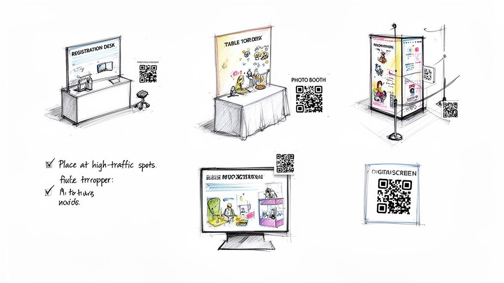 Sketches show various event setups like a registration desk, photo booth, and digital screens, all featuring QR codes for interaction.