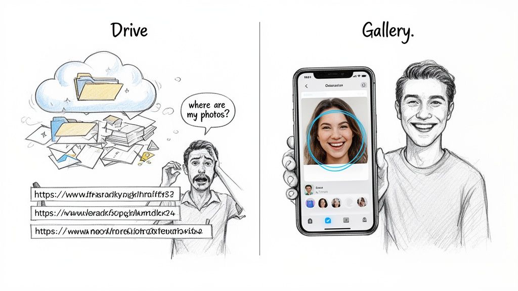 Illustration comparing chaotic cloud storage with easy, organized photo sharing via a mobile gallery app.