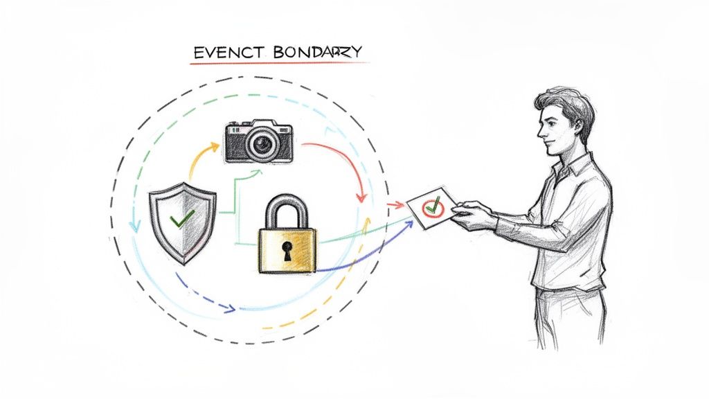 A hand-drawn diagram illustrating an event boundary with a camera, shield, padlock, and a person verifying a document.