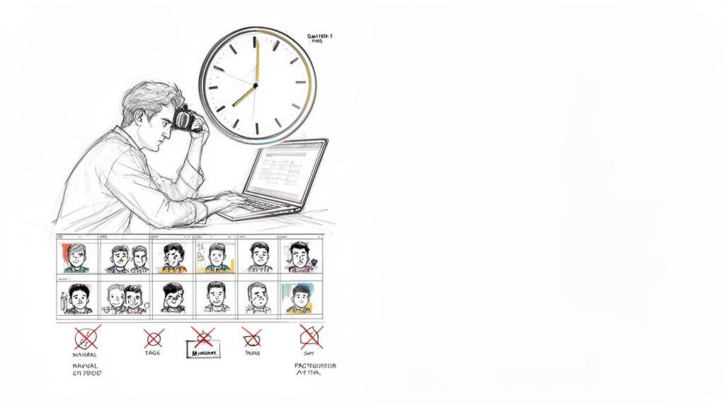 A person reviewing photos on a laptop, with a clock and facial recognition interface, indicating image processing.