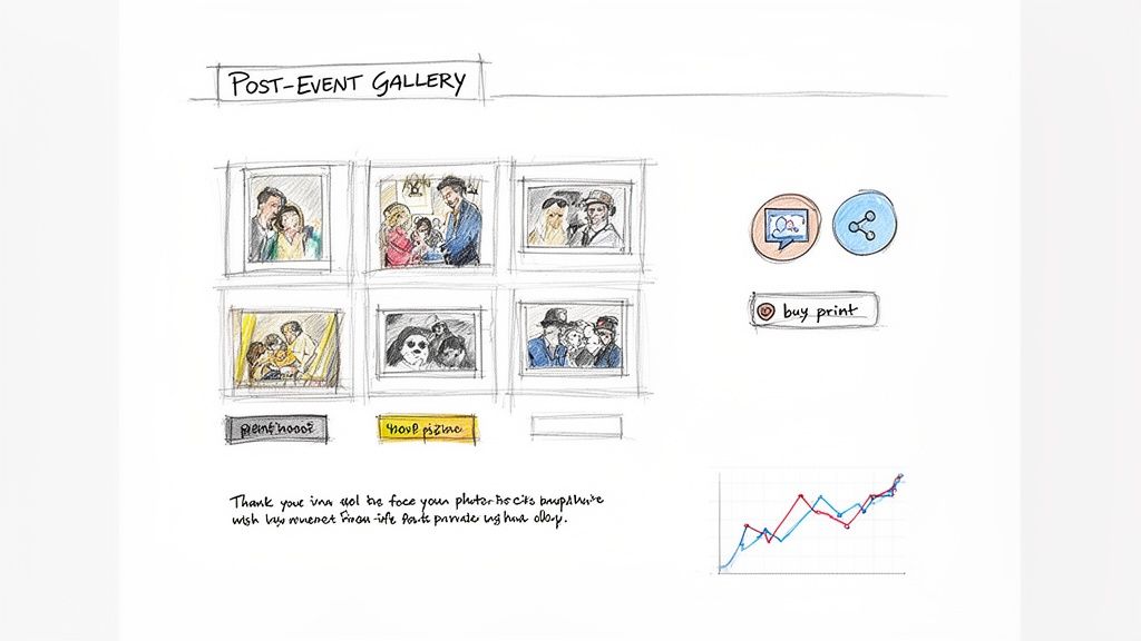 A hand-drawn sketch of a post-event photo gallery with six images, a buy print button, and share icons.