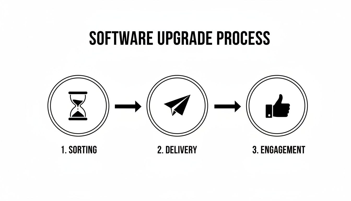 Diagram illustrating a software upgrade process with three steps: sorting, delivery, and engagement.