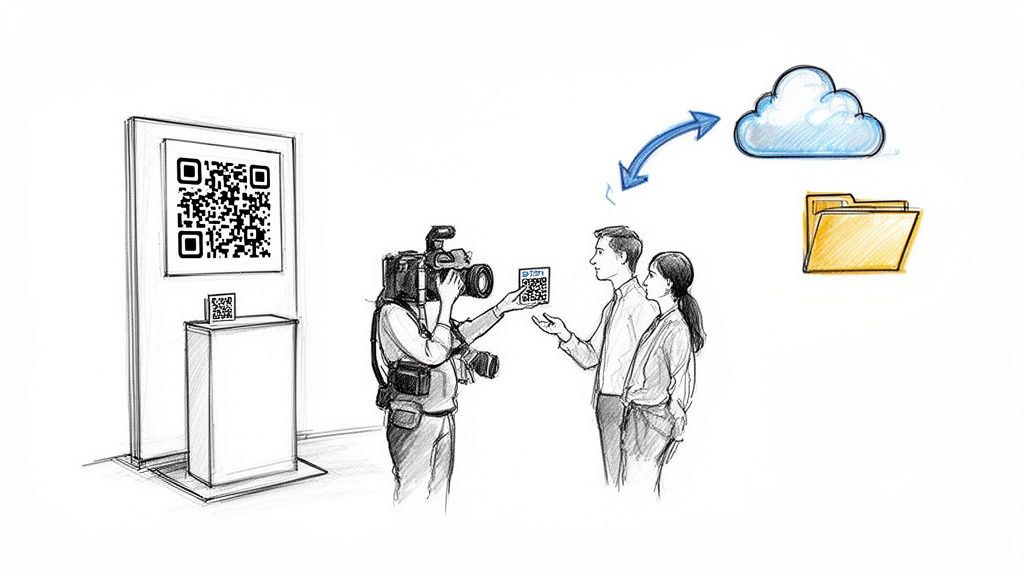 A sketch illustrating QR codes, a cameraperson, two people, and cloud storage, depicting data collection.
