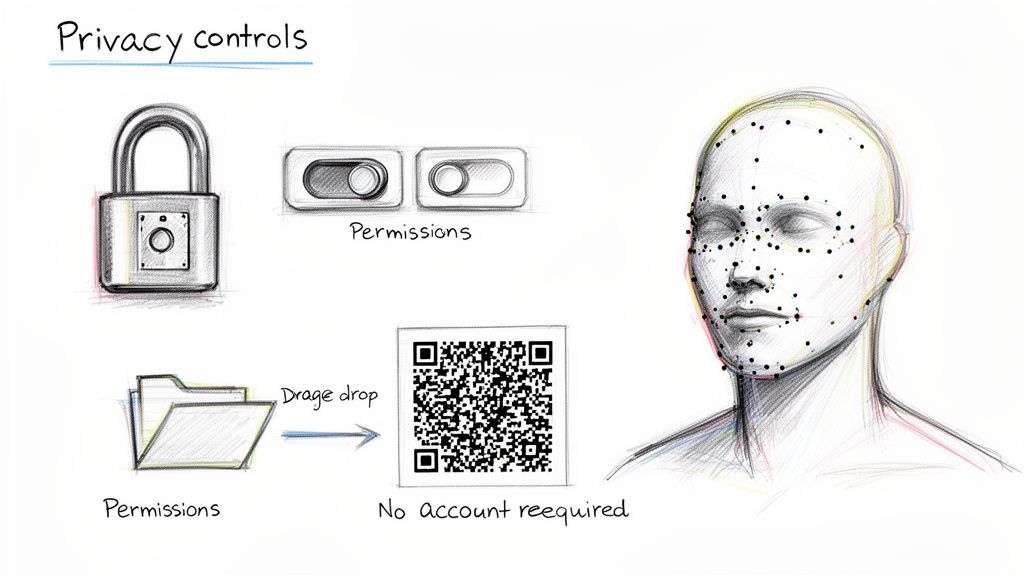Concepts of privacy controls: padlock, permission toggles, QR code sharing, and facial recognition points.
