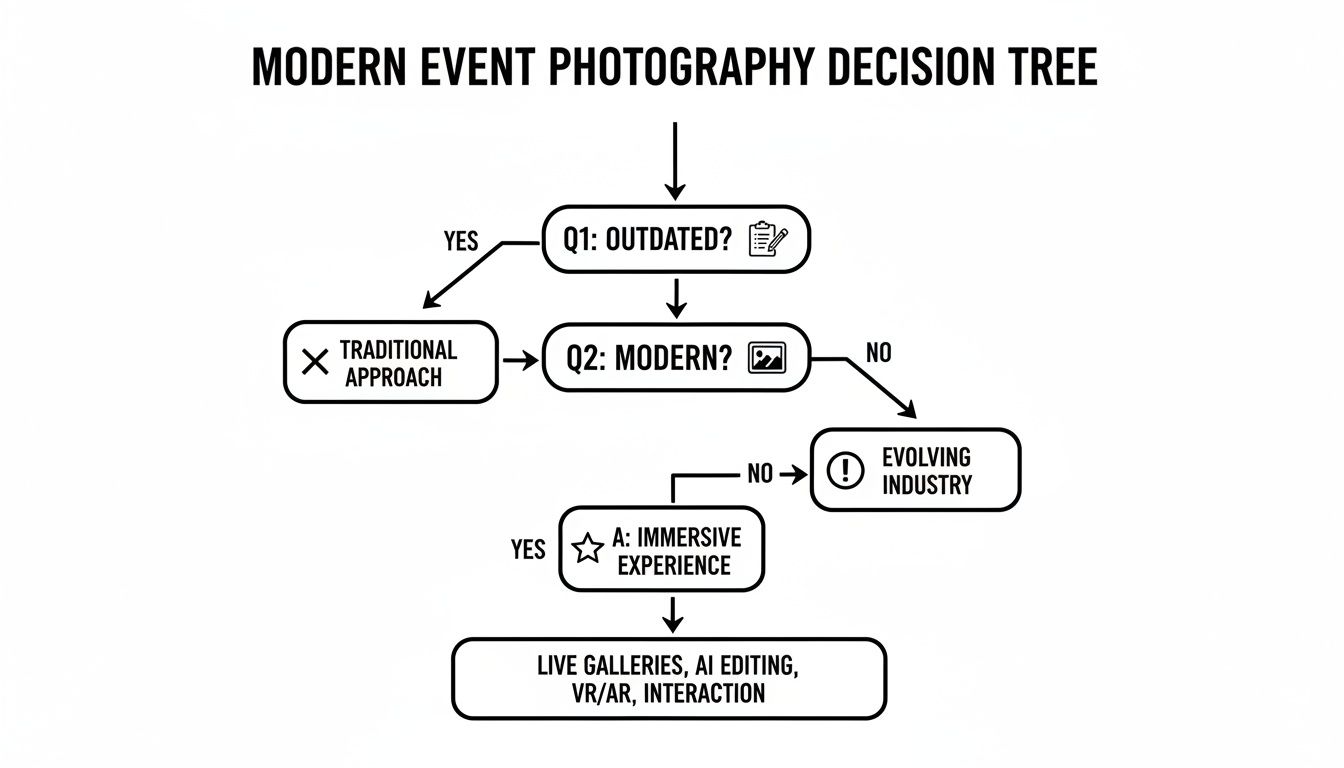 Decision tree illustrating modern event photography choices, from traditional to immersive experiences with AI and VR/AR.
