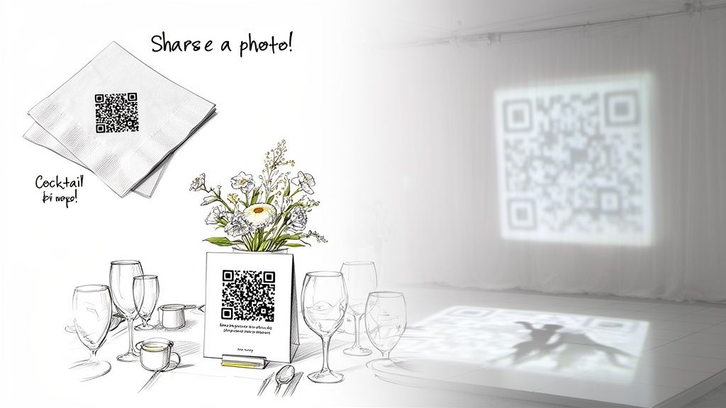 QR codes on napkins, a table tent, and projected at a wedding reception for photo sharing.