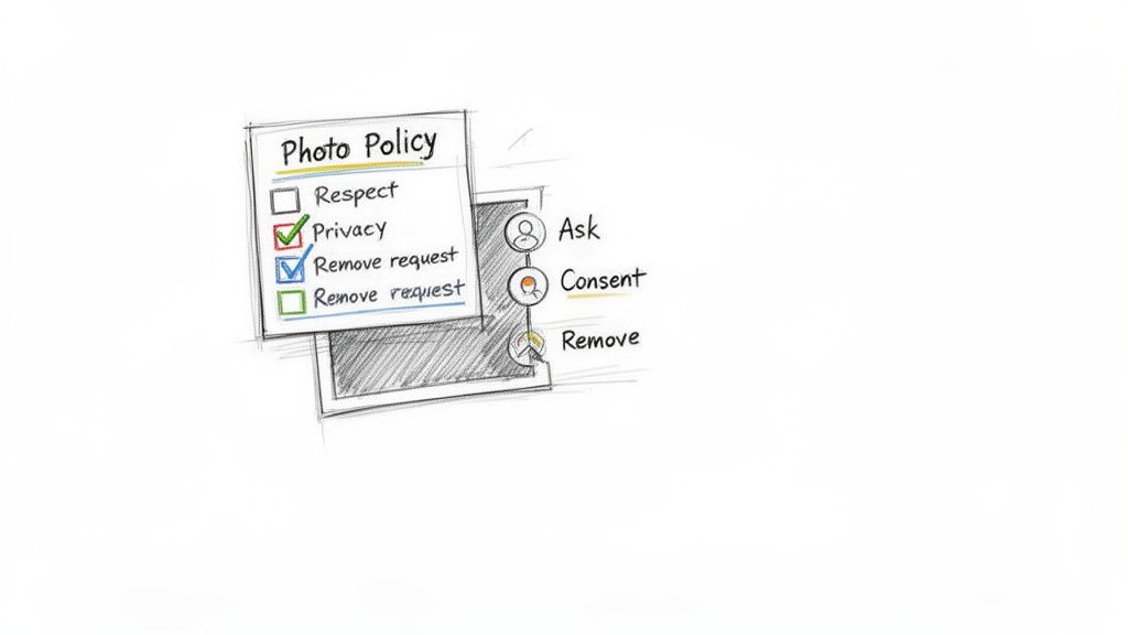 An illustration of a "Photo Policy" checklist emphasizing privacy, consent, and removal requests.