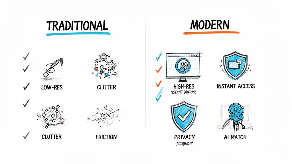 A visual comparison of traditional versus modern digital concepts, highlighting advancements like high-res, instant access, and AI.