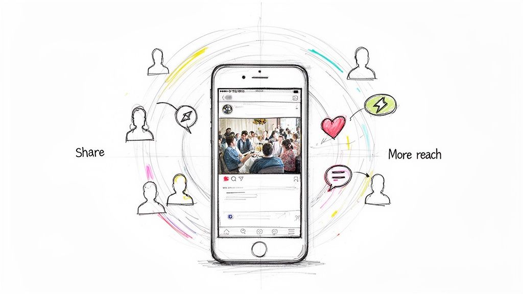 A smartphone displaying an event photo surrounded by social media sharing and engagement icons.