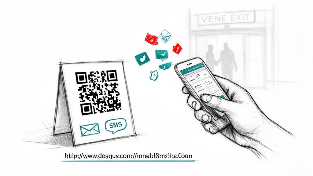 Drawing of a hand scanning a QR code with a smartphone, linking to social media and exit information.