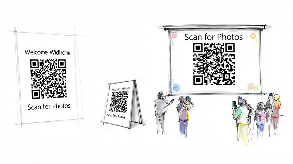 Illustration of people scanning QR codes on signs and a large screen to access photos.