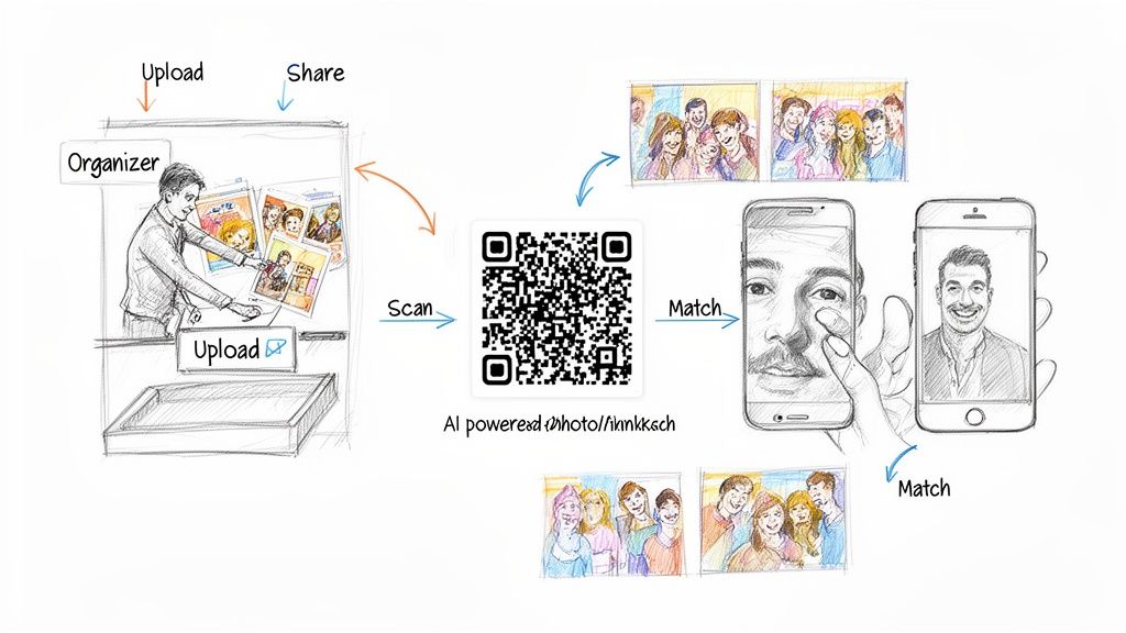 Diagram illustrating AI-powered photo sharing: organizer uploads, user scans QR, facial recognition matches photos.