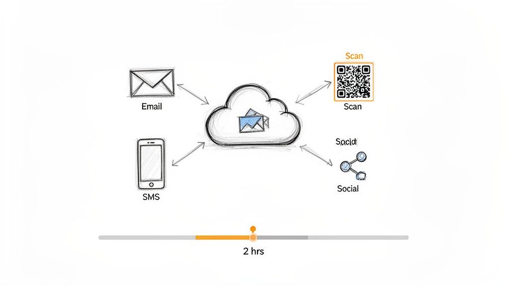 Diagram showing email, SMS, QR scan, and social media connected to a central cloud service with a 2-hour timeline.